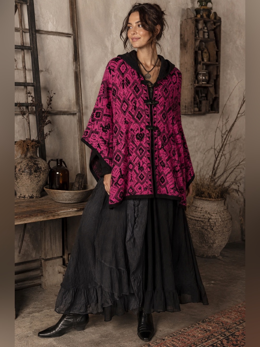 Alpaca Connection Peru Hooded Alpaca Wool Poncho Pink Black One Size - Picture 1 of 9